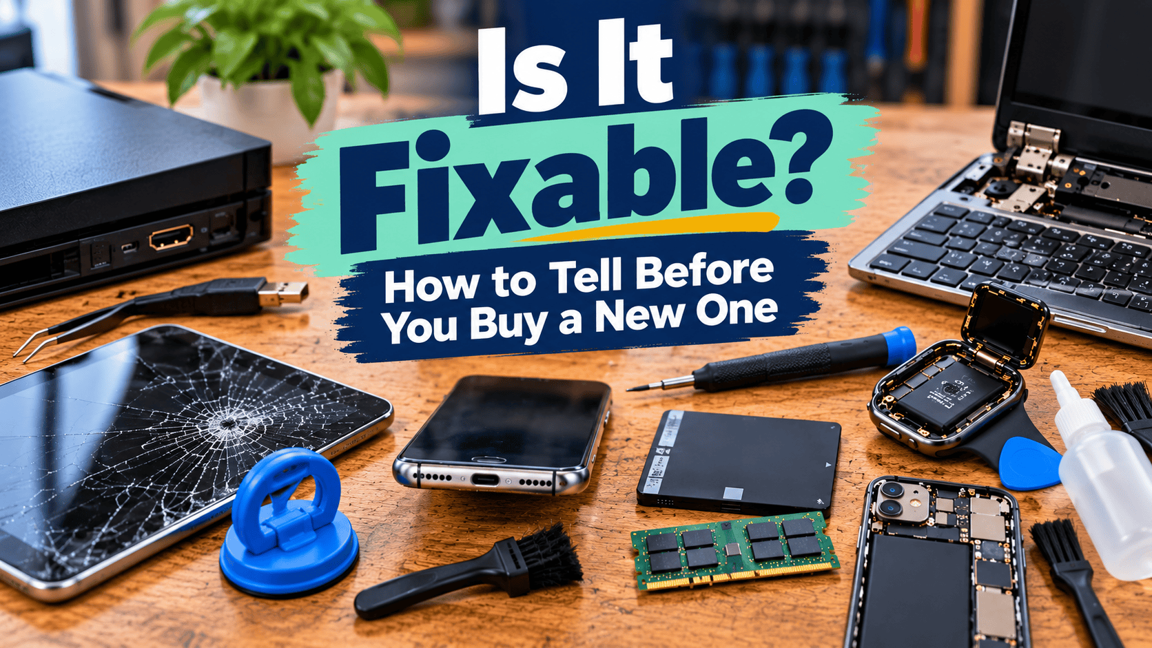 Electronics repair workbench with a cracked tablet, laptop, game console, smartwatch, phones, and repair tools beneath the headline 'Is It Fixable? How to Tell Before You Buy a New One.'