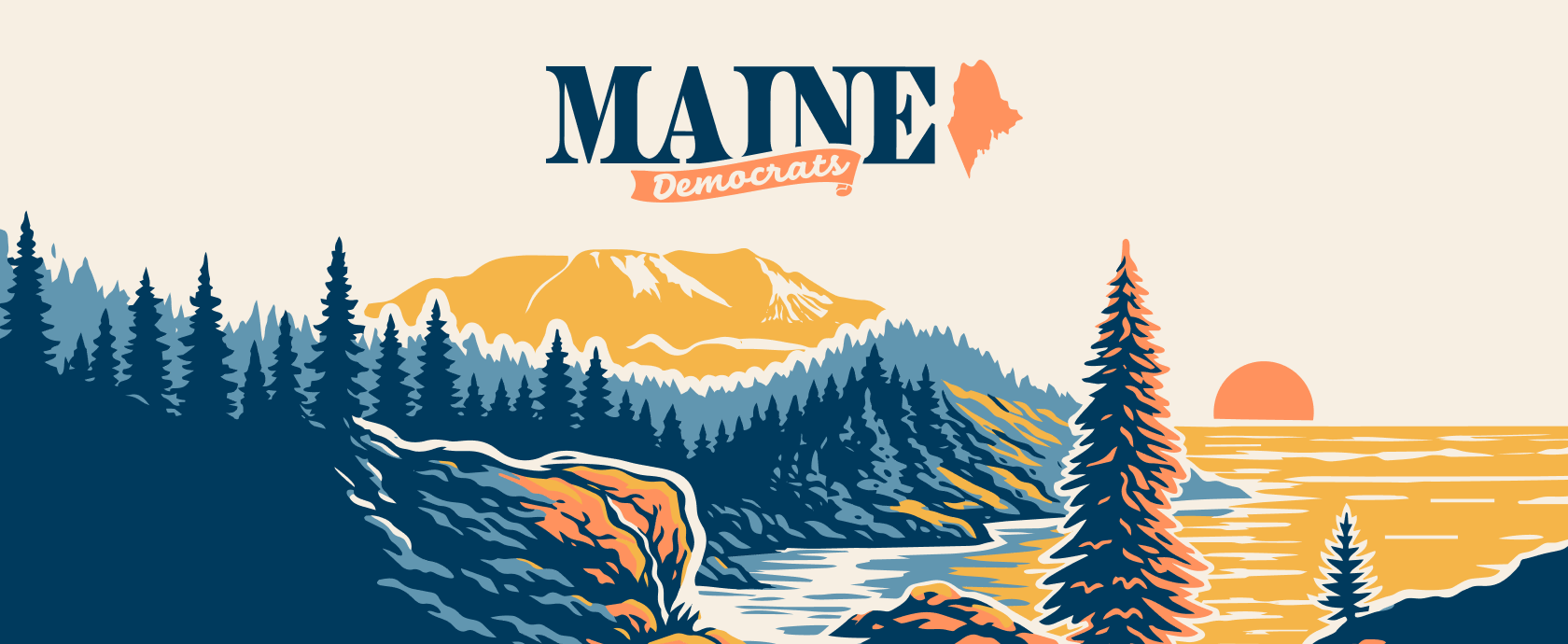Campaign banner reading 'MAINE Democrats' over a stylized Maine landscape with mountains and a sunset.