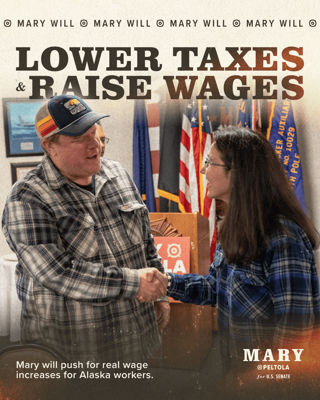 Campaign poster showing a man and a woman shaking hands, with the bold slogan 'Lower Taxes & Raise Wages' for Mary Will for U.S. Senate.