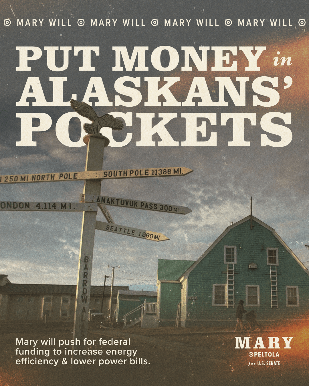 Political campaign poster urging federal funding to increase energy efficiency, featuring a signpost and 'MARY WILL' branding in bold letters.