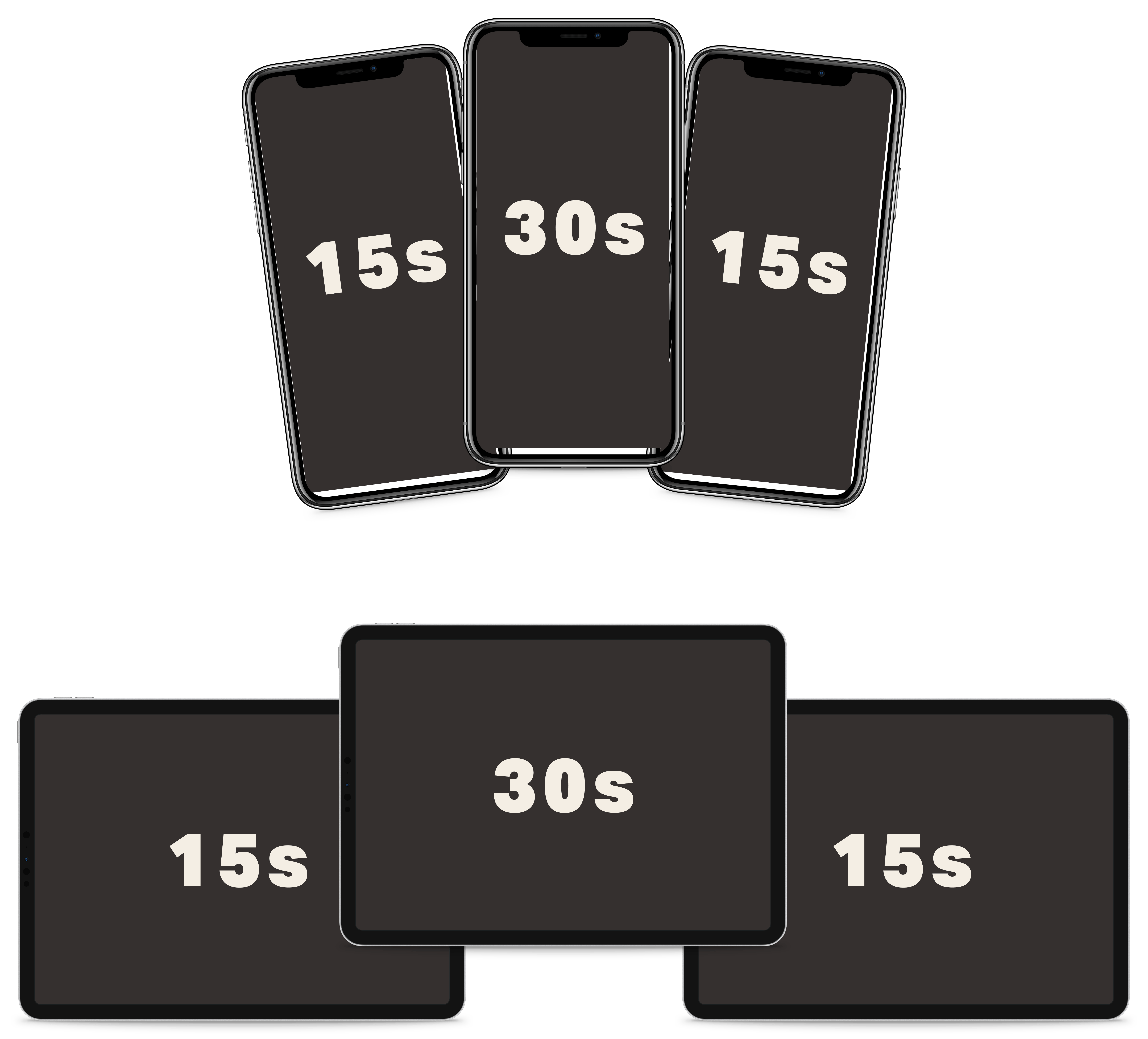 Three smartphones arranged in a row, each showing countdown text like 15s or 30s on dark screens.