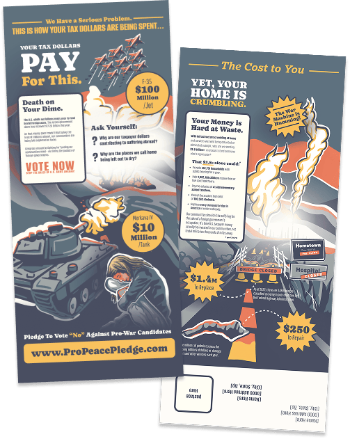 Two-sided political flyer with fiery illustrations, missiles, and wrecked cars, arguing that tax dollars fund war and urging readers to vote against it.
