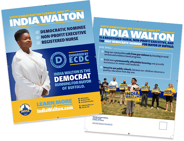 Campaign flyers for India Walton, Democratic candidate for Buffalo mayor; front shows her portrait with 'Vote Democrat' branding and endorsements, back shows supporters holding India Walton signs on a grassy field.