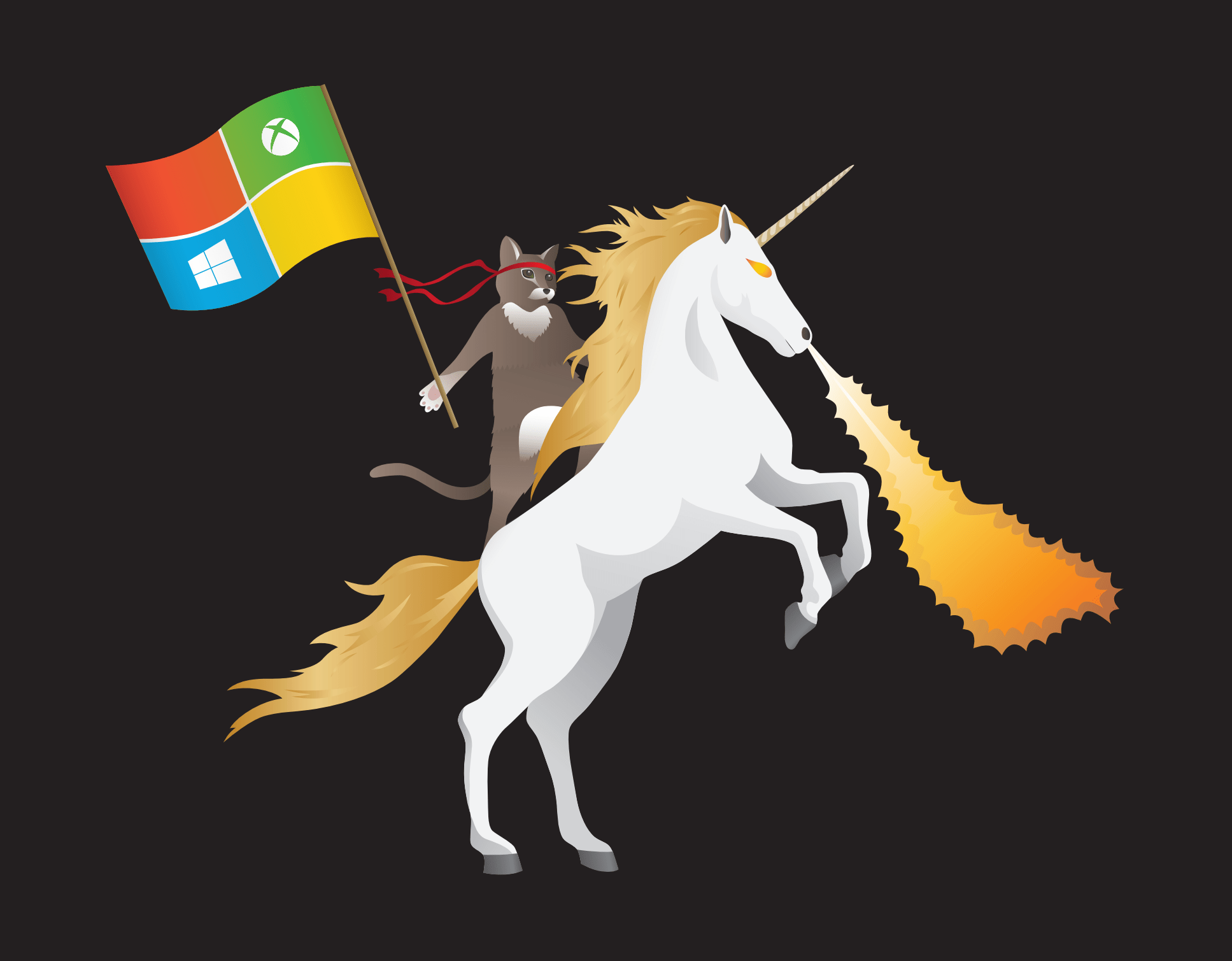 A cat on a fire-breathing unicorn flying the Microsoft flag