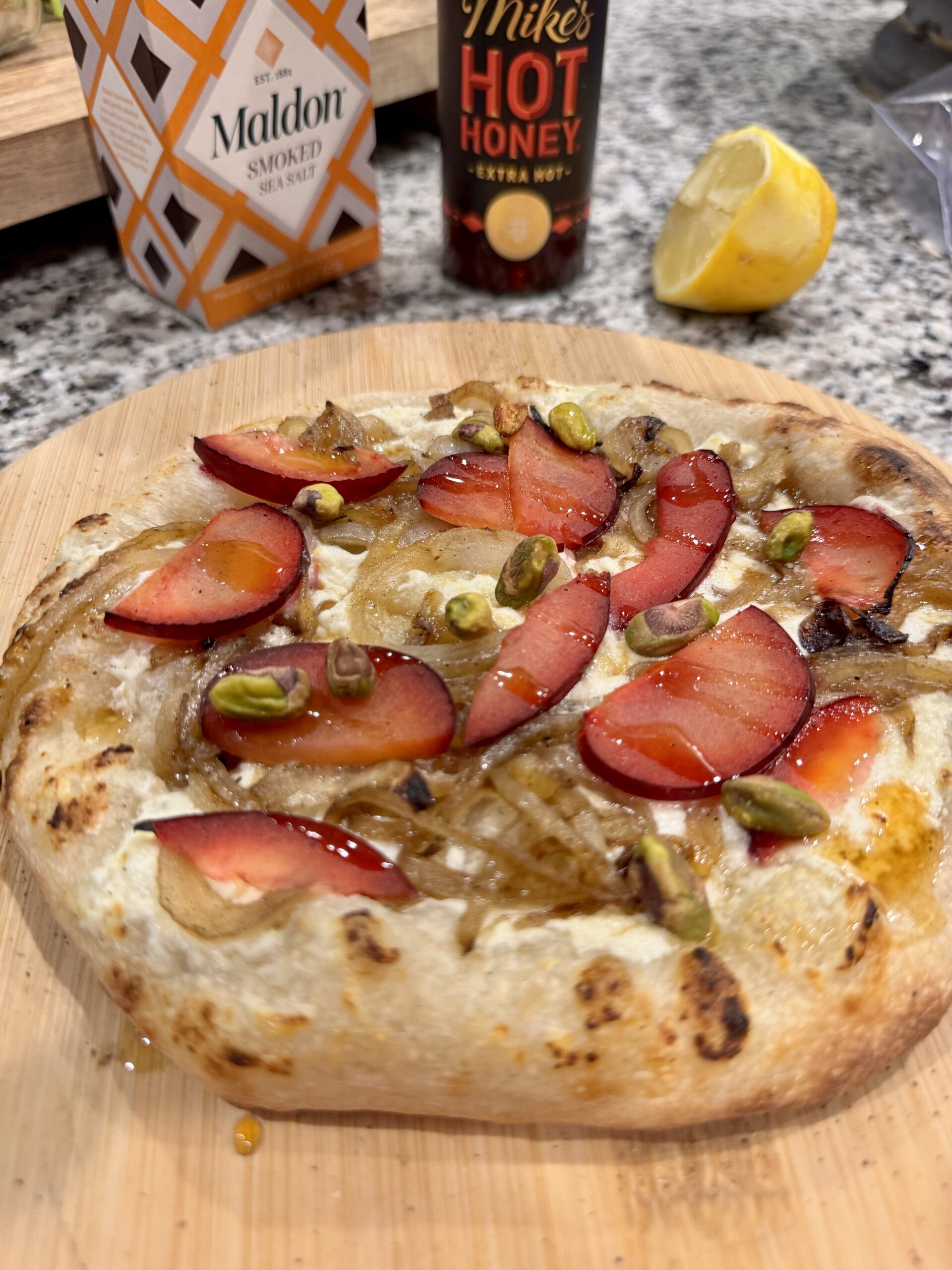 Plum, Ricotta & Pistachio Flatbread with Hot Honey