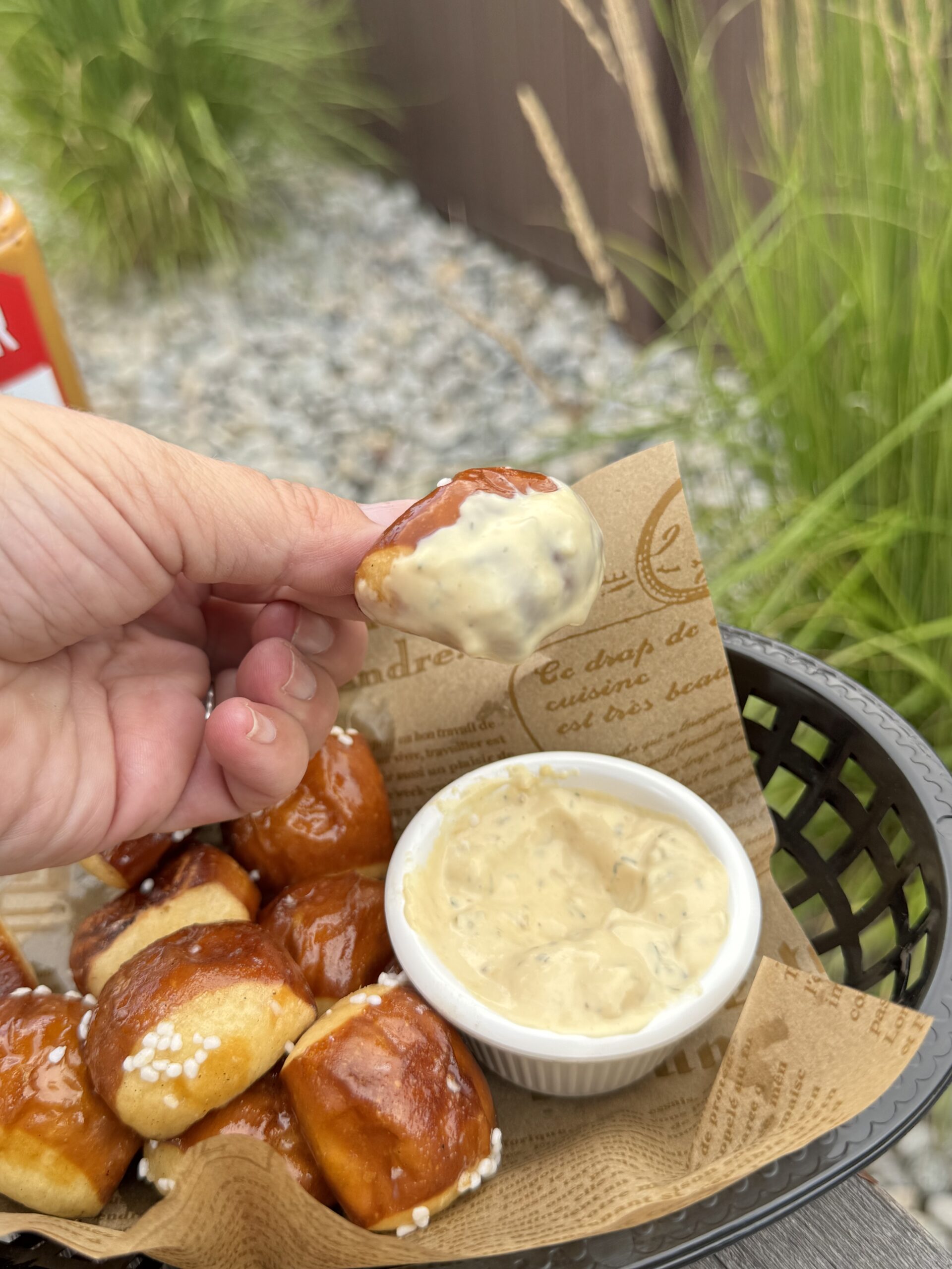 Pretzel Bites with Dill Pickle Mustard Dip