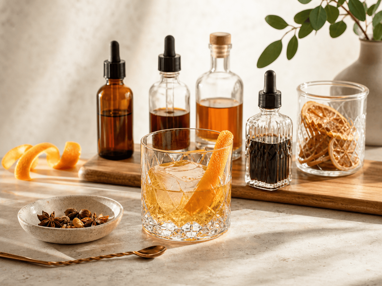 Cocktail bitters and whiskey ingredients.