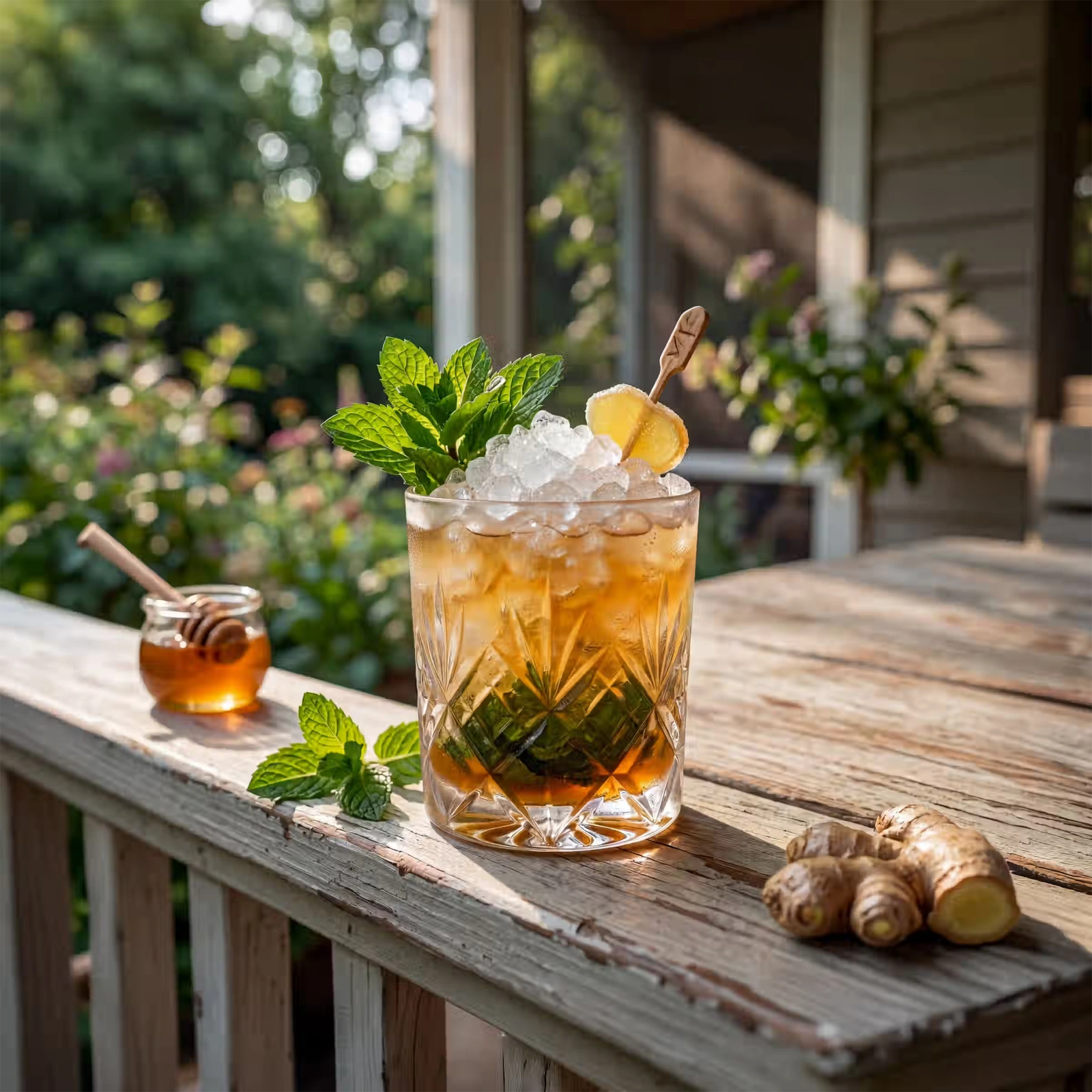 Honey Ginger Porch Julep with crushed ice, mint, honey and ginger nearby