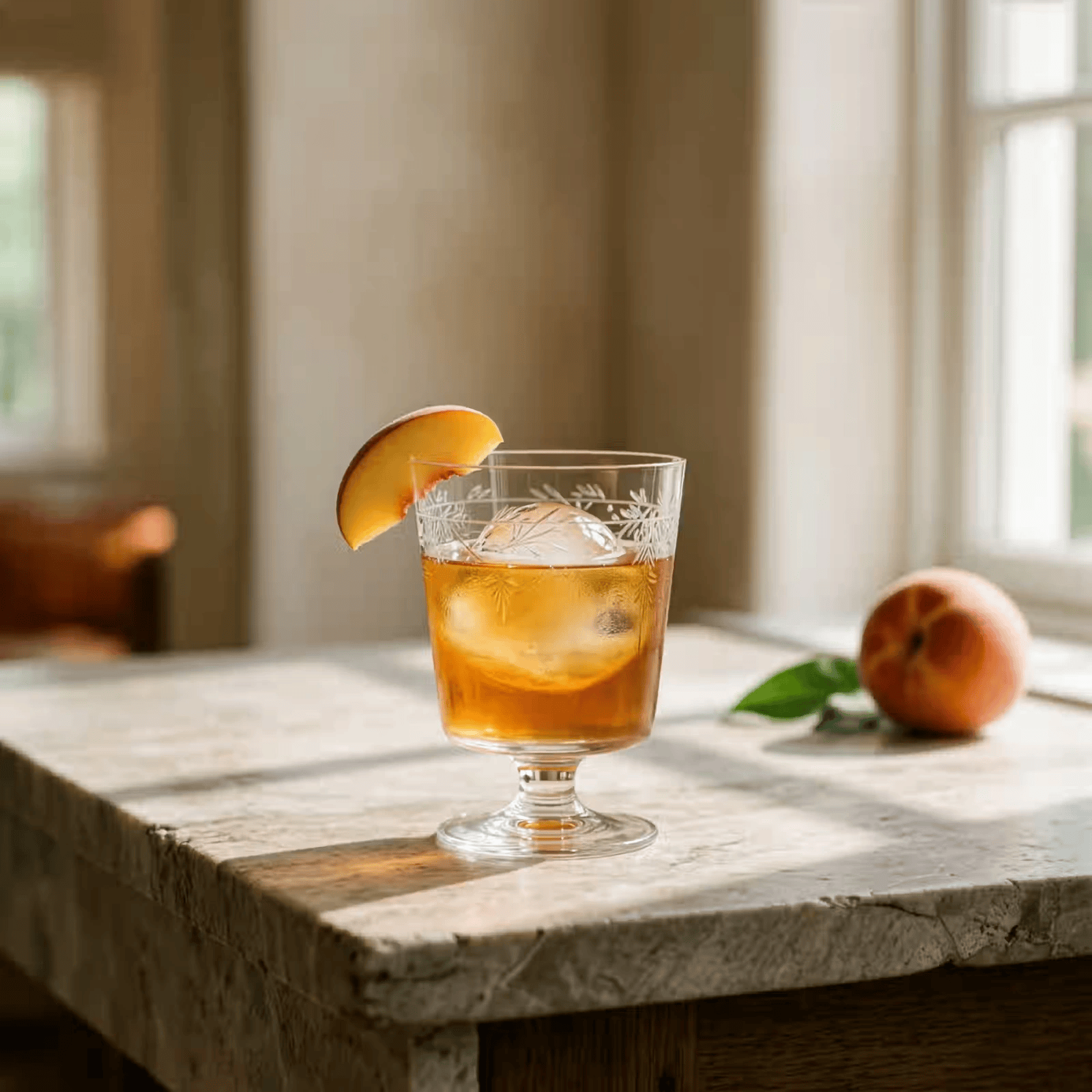 Koopers Bourbon Peach Smash in a coupe with a peach slice