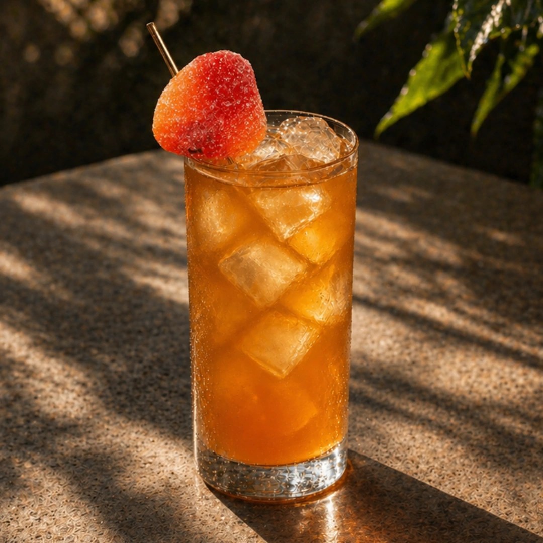 Southern Split cocktail in a tall glass with peach candy garnish