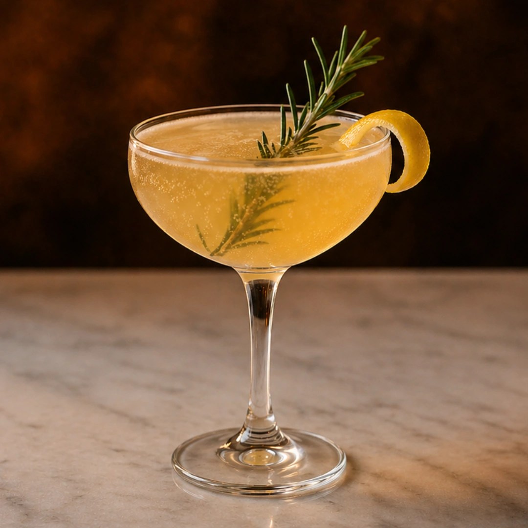 Hooten Young’s Amber Wave source photograph showing a coupe with lemon and herb garnish
