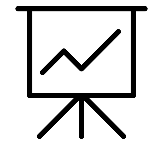 Black line icon of a presentation board with an upward-trending graph