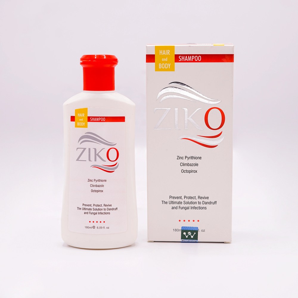 Ziko Hair & Body Shampoo, 150ml, containing Zinc Pyrithione, Climbazole, and Octopirox, in a white bottle with a red cap and label, next to its matching red and white box.