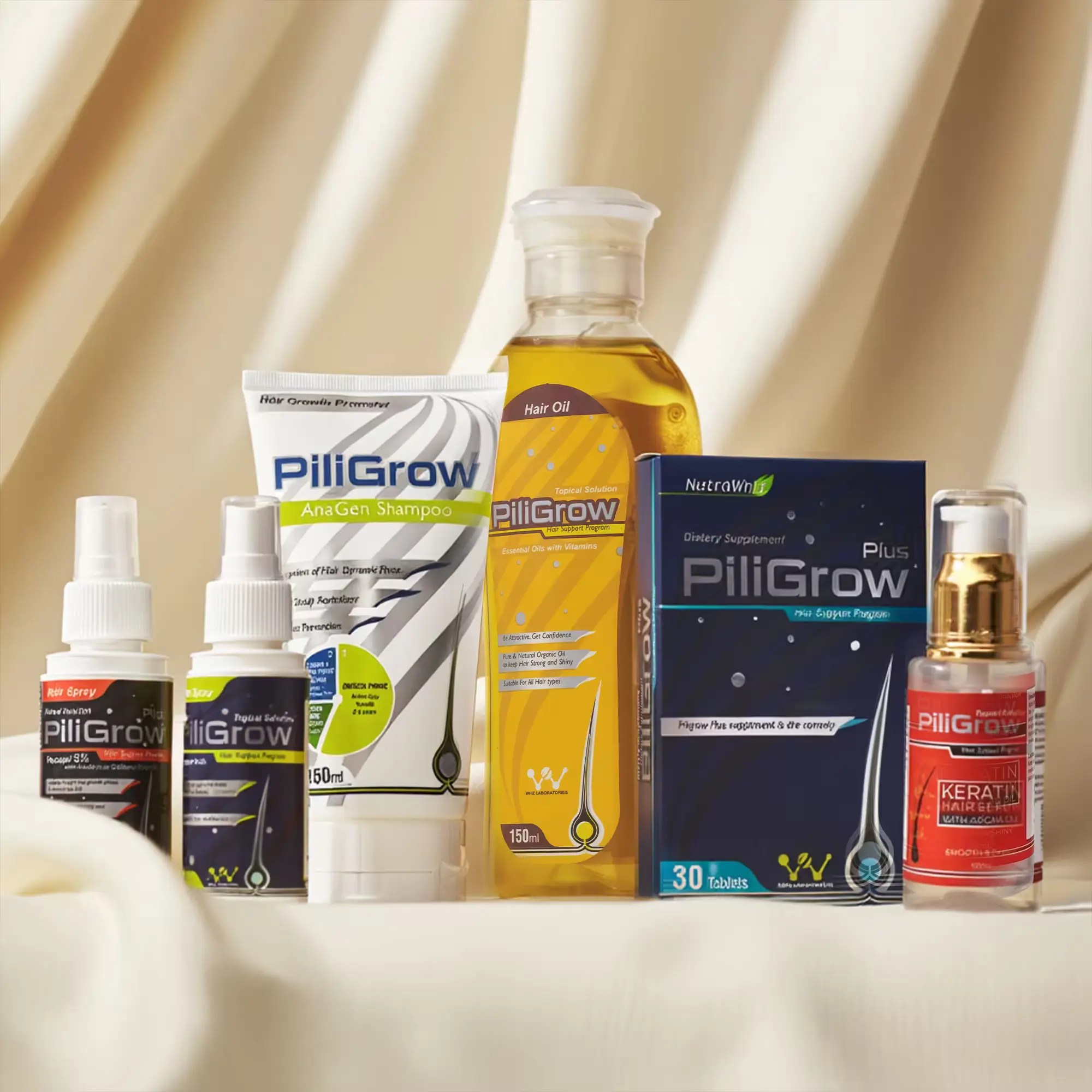 Complete hair care range featuring piligrow plus tablets, hair oil, shampoo, and hair serum against a soft fabric background.