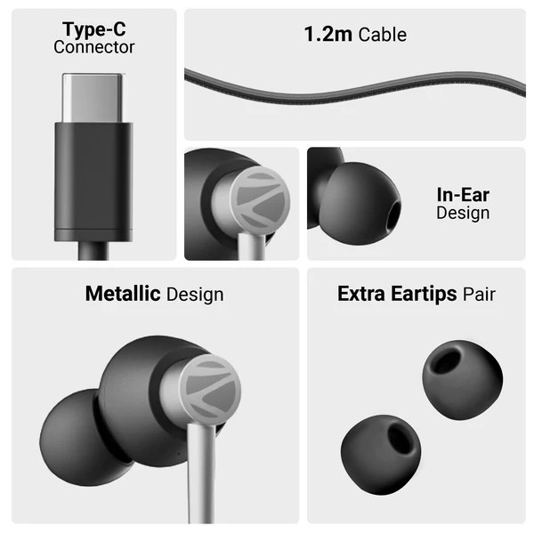 Zeb-Buds 50C In-line Microphone Light weight Strong and long lasting cable Type-C Connector Stylish Design Wide compatibility