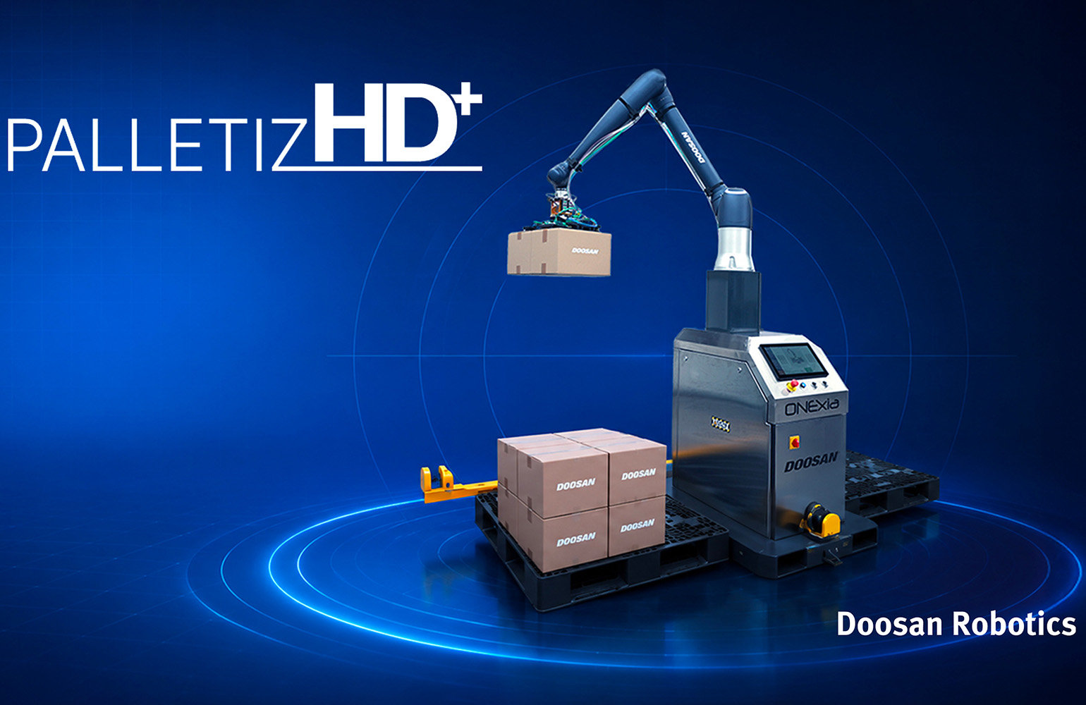 Doosan Robotics is showcasing PalletizHD+, an AI-powered palletizing solution, at Automate 2026.