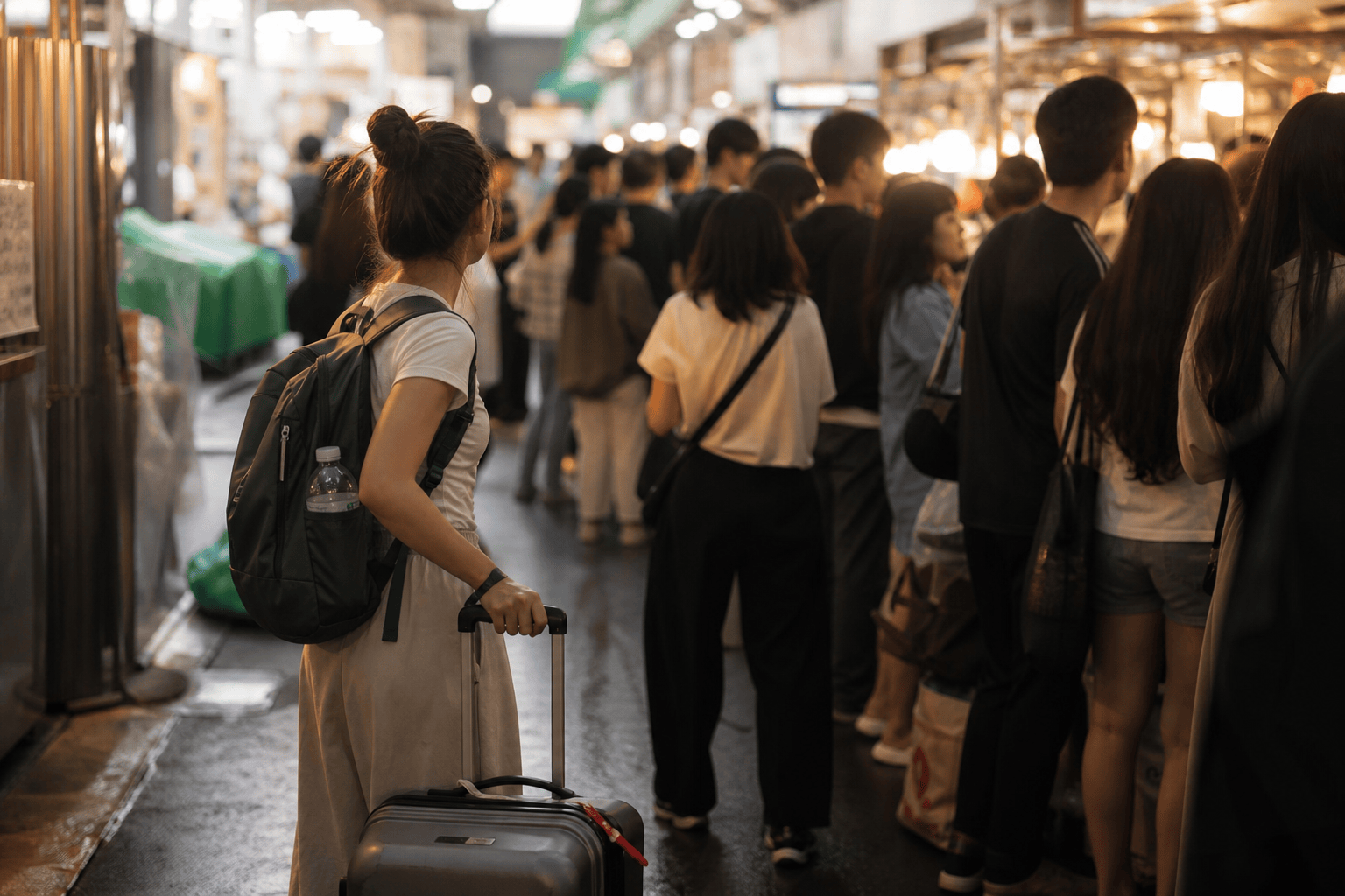 Long queues at a popular food stall in Gwangjang Market.