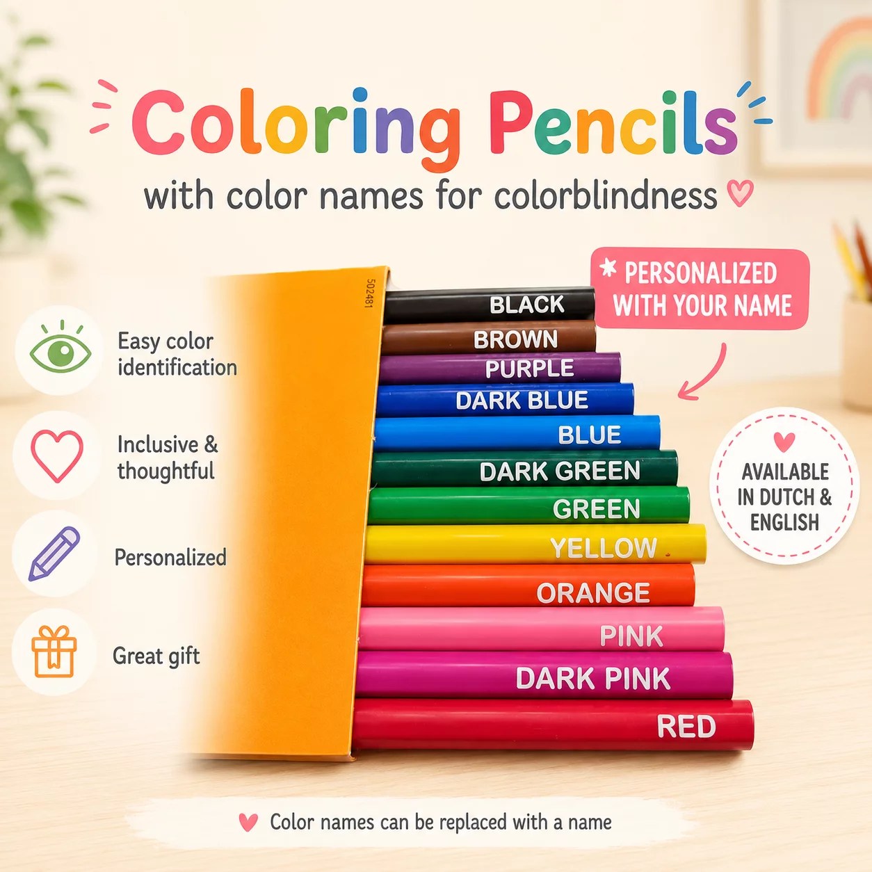Coloring pencils with color names, 12 pencils,  color blind,