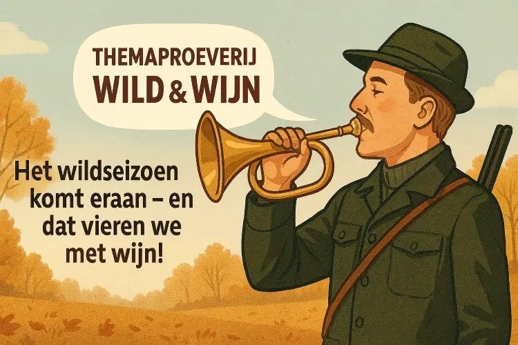 Jager met jachthoorn die tekst blaast: Themaproeverij Wild & Wijn