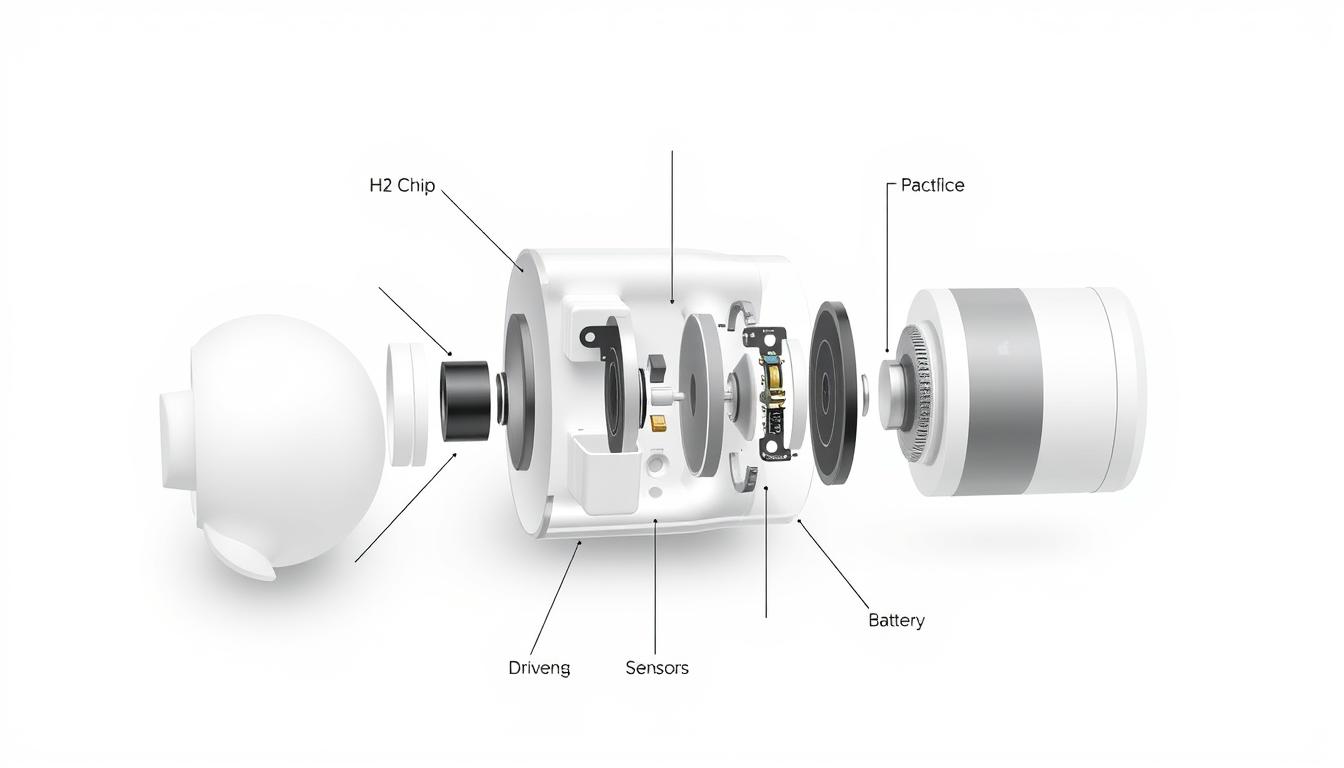 AirPod 2.0 technical components exploded view showing internal technology AirPod 2.0 technical components exploded view showing internal technology
