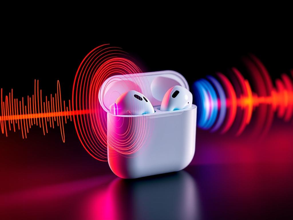 AirPod 2.0 with visualization of sound waves showing audio quality