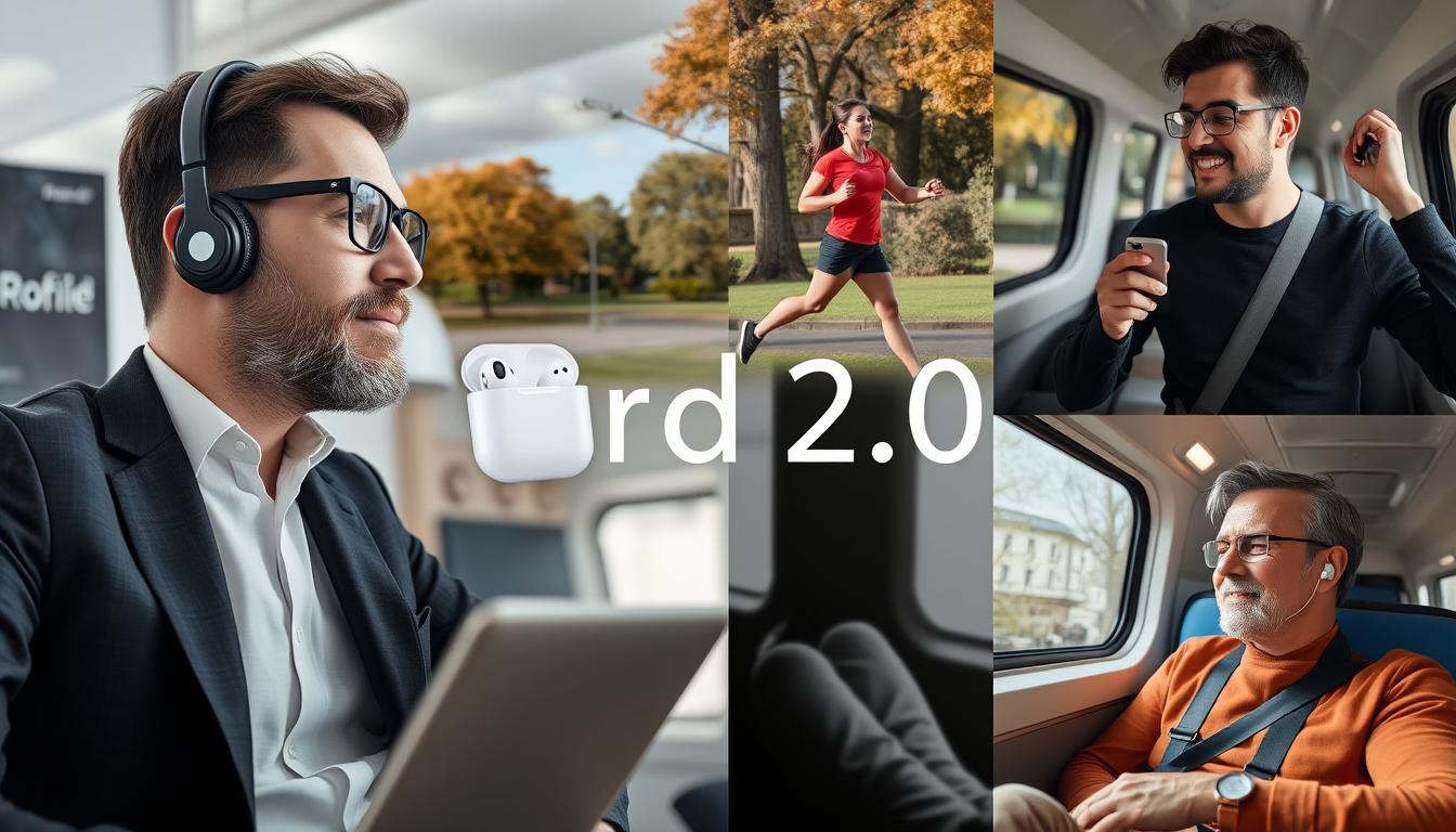 Multiple users enjoying AirPod 2.0 in different settings showing versatility Multiple users enjoying AirPod 2.0 in different settings showing versatility