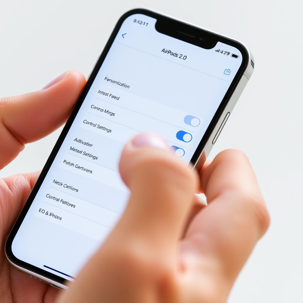 Person customizing AirPod 2.0 settings on iPhone