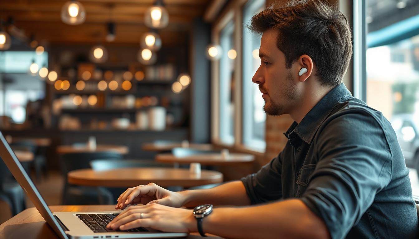 Person wearing AirPod 2.0 while working in a coffee shop showing real-world usage