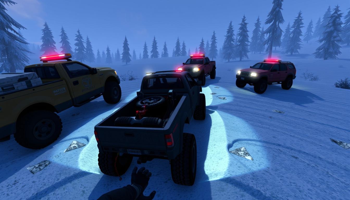 SnowRunner Xbox game multiplayer co-op session with multiple trucks working together