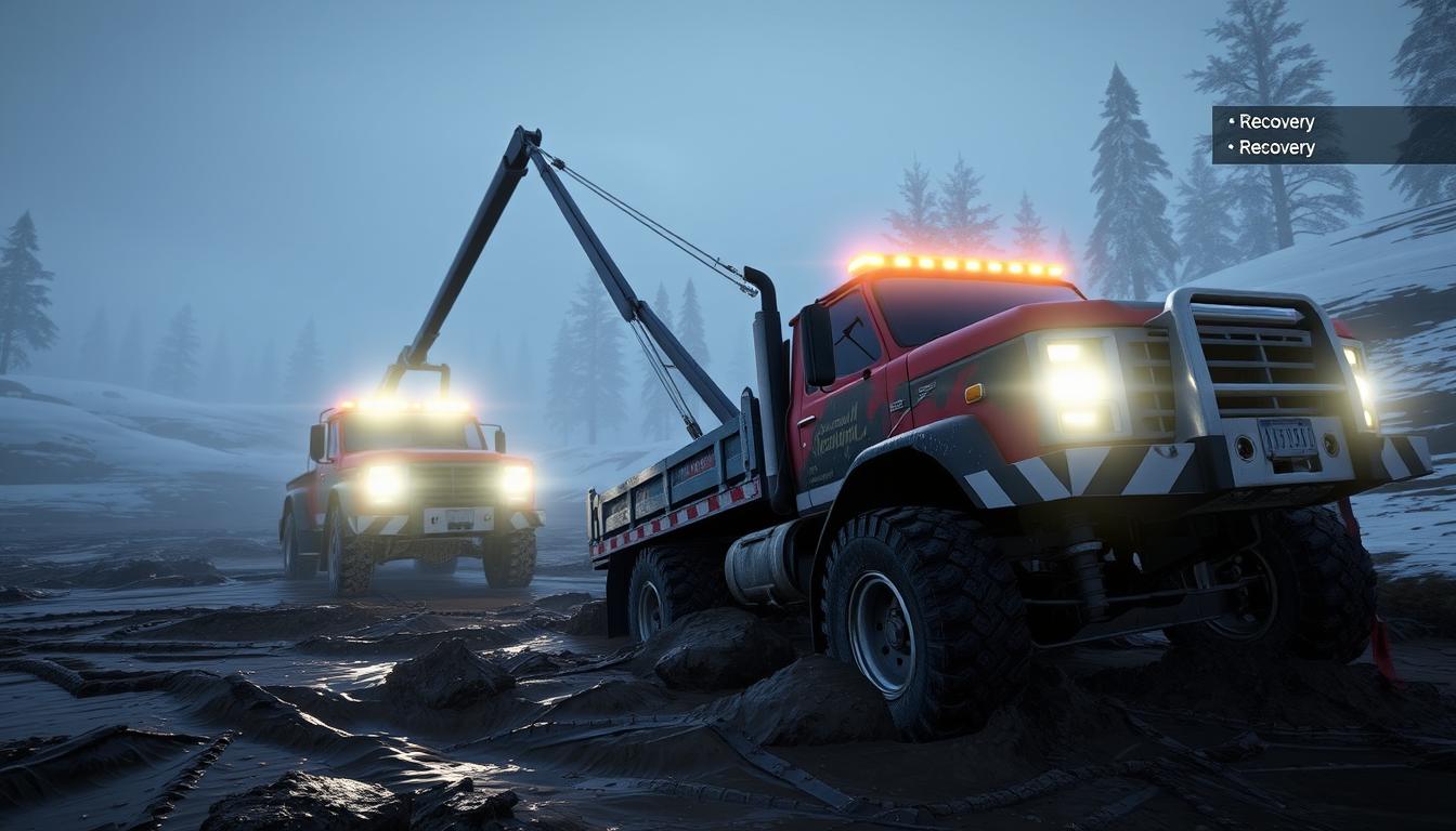 SnowRunner Xbox game recovery operation with multiple vehicles
