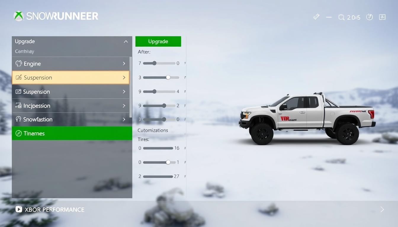 SnowRunner Xbox game vehicle customization menu showing upgrade options