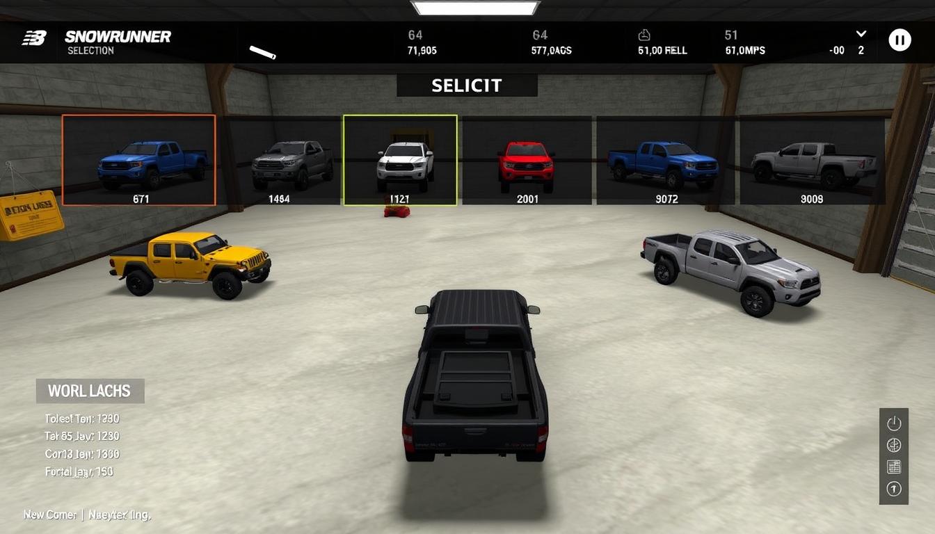 SnowRunner Xbox game vehicle selection screen showing multiple trucks