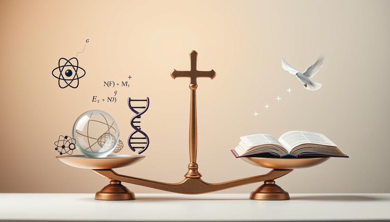 Conceptual image showing balance between scientific and religious symbols representing the harmony between faith and reason
