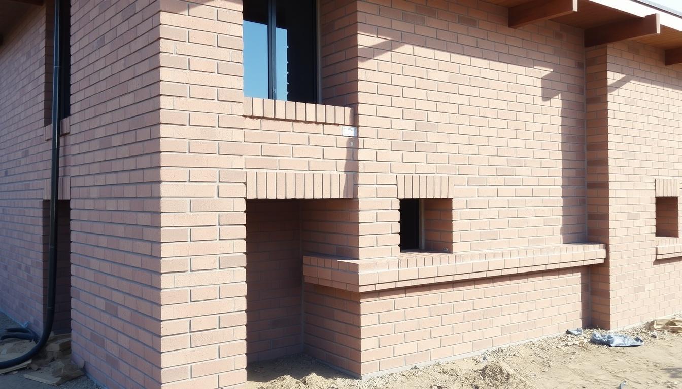 Completed building project using trough-shaped bricks showing the finished structure