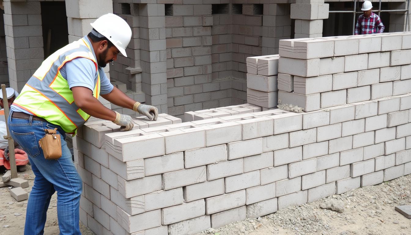 Construction workers laying trough-shaped bricks showing the proper technique