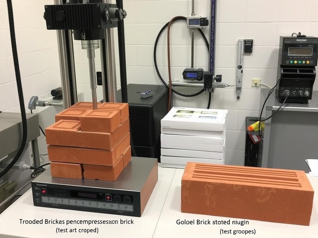 Laboratory testing of trough-shaped bricks showing compression and shear strength tests