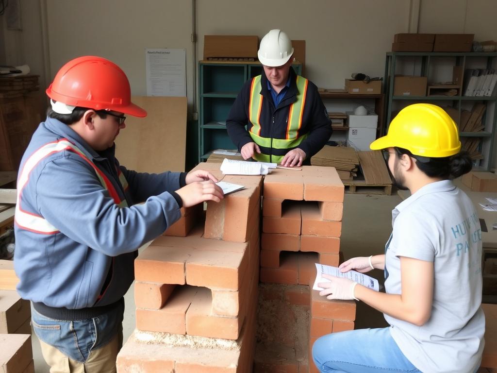 Training session for masons learning to work with trough-shaped bricks