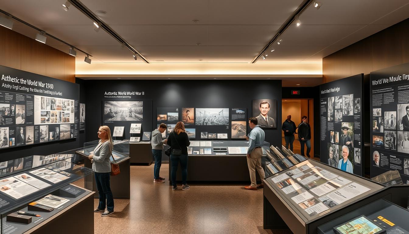 Historical education exhibit showing authentic World War II artifacts and documentation