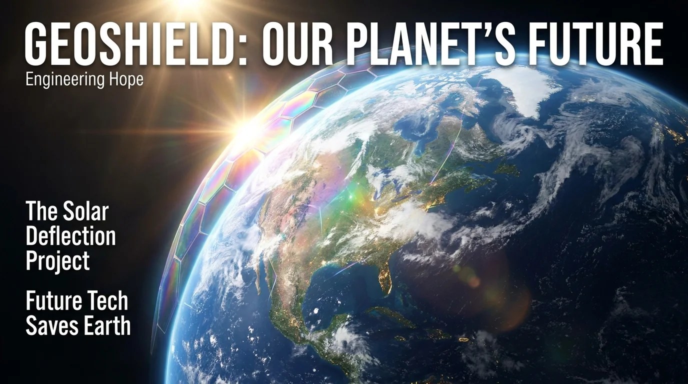 A futuristic illustration of the Earth surrounded by a glowing shield reflecting sunlight into space.
