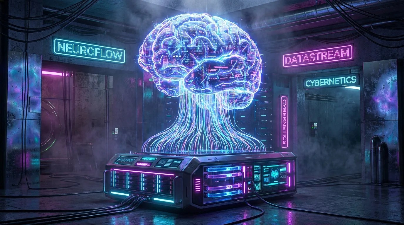 A futuristic digital brain connected to a computer server by glowing fiber-optic threads, representing brain-computer interfaces.