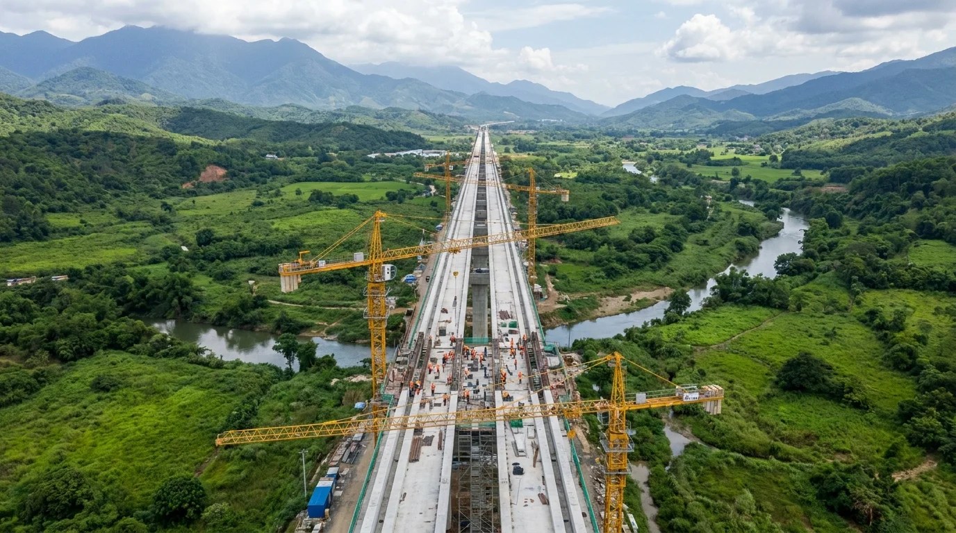 Elevated maglev guideway viaduct under construction across a valley, showing the scale of maglev train infrastructure
