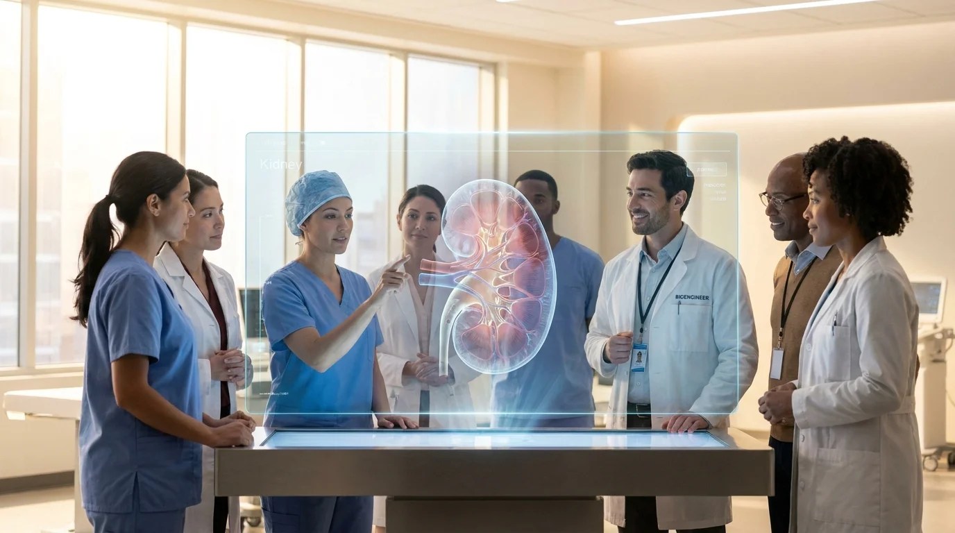 Surgeons and bioengineers evaluating a 3D-printed human kidney model.Lab-Grown Organ Transplants & Bioprinting