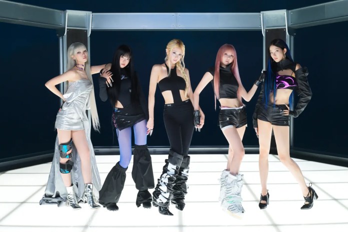 LE SSERAFIM members showcasing fashionable outfits in a futuristic setting, with varying hairstyles and striking poses.