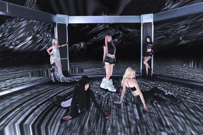 LE SSERAFIM members in a futuristic setting with abstract digital backgrounds, showcasing a blend of fashion and style. Two women are standing while three are positioned on the ground, expressing a dynamic and artistic vibe.