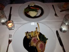Encrusted rack of lamb, accompanied by gratin dauphinois, spinach, rosemary jus