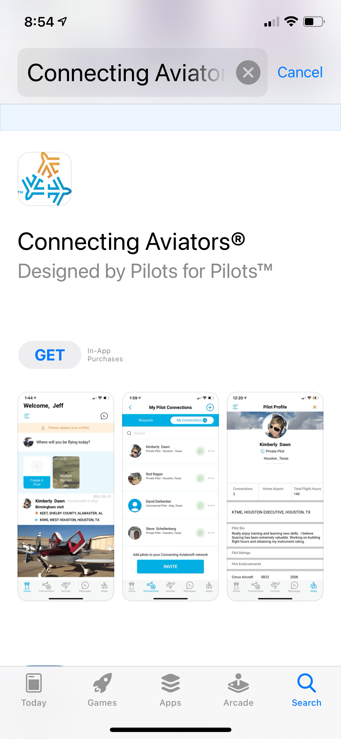 Connecting Aviators Logo, company name, sub title and 3 screen shots.