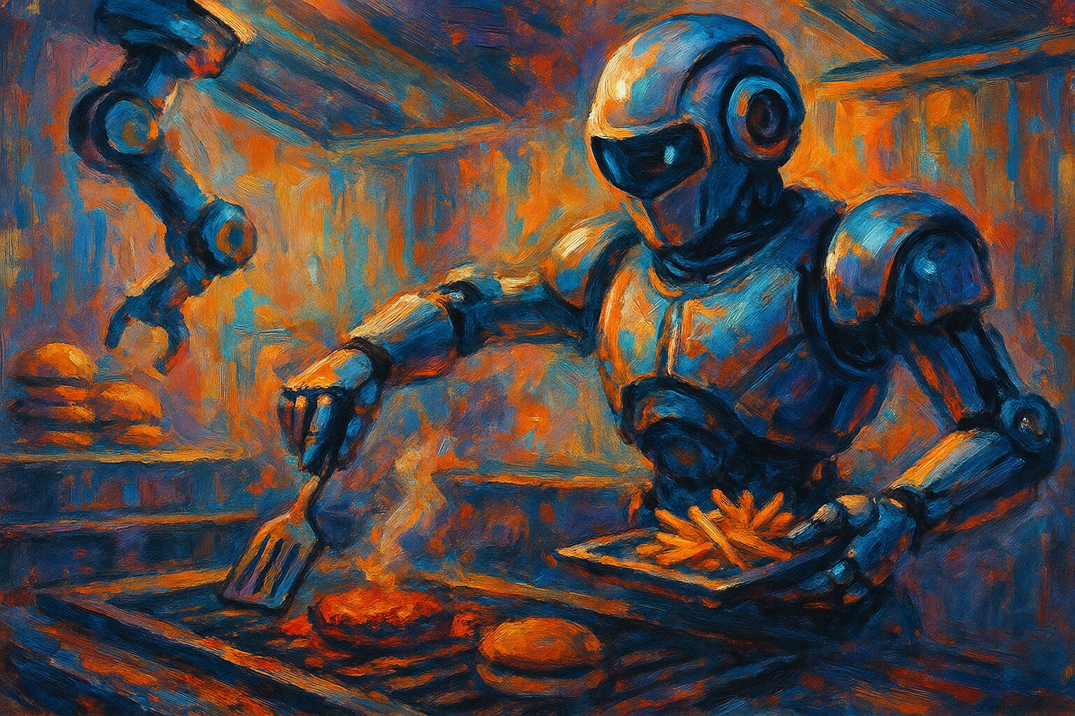 Artistic horizontal painting of a futuristic kitchen with a humanoid robot chef flipping a burger on a glowing grill. The robot, sleek and metallic with teal highlights, wears a classic chef’s hat. Warm kitchen lights contrast with cool sci-fi tones, creating a vivid, imaginative fusion of technology and culinary artistry.