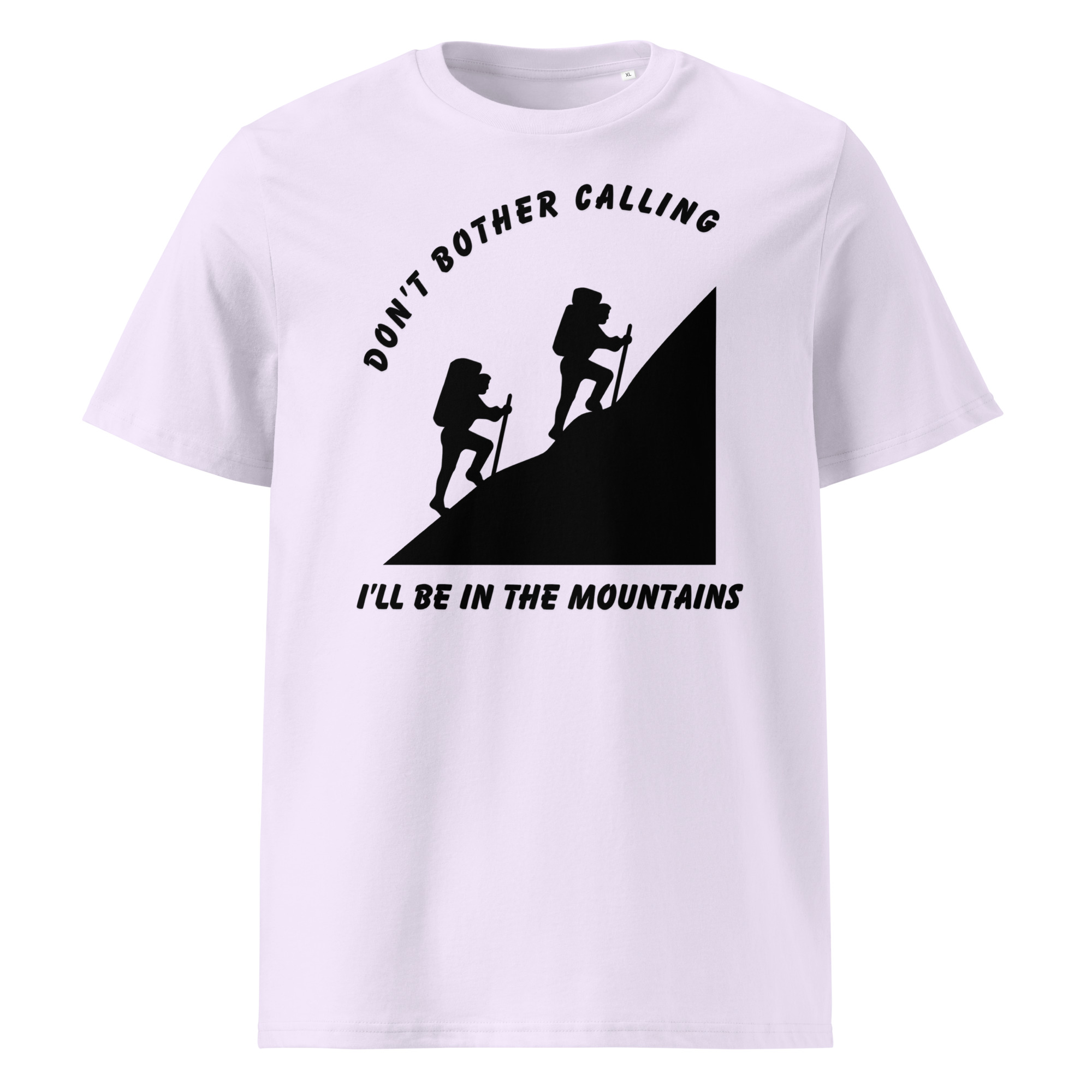 Organic cotton shirt with text and image of hiking in the mountains.