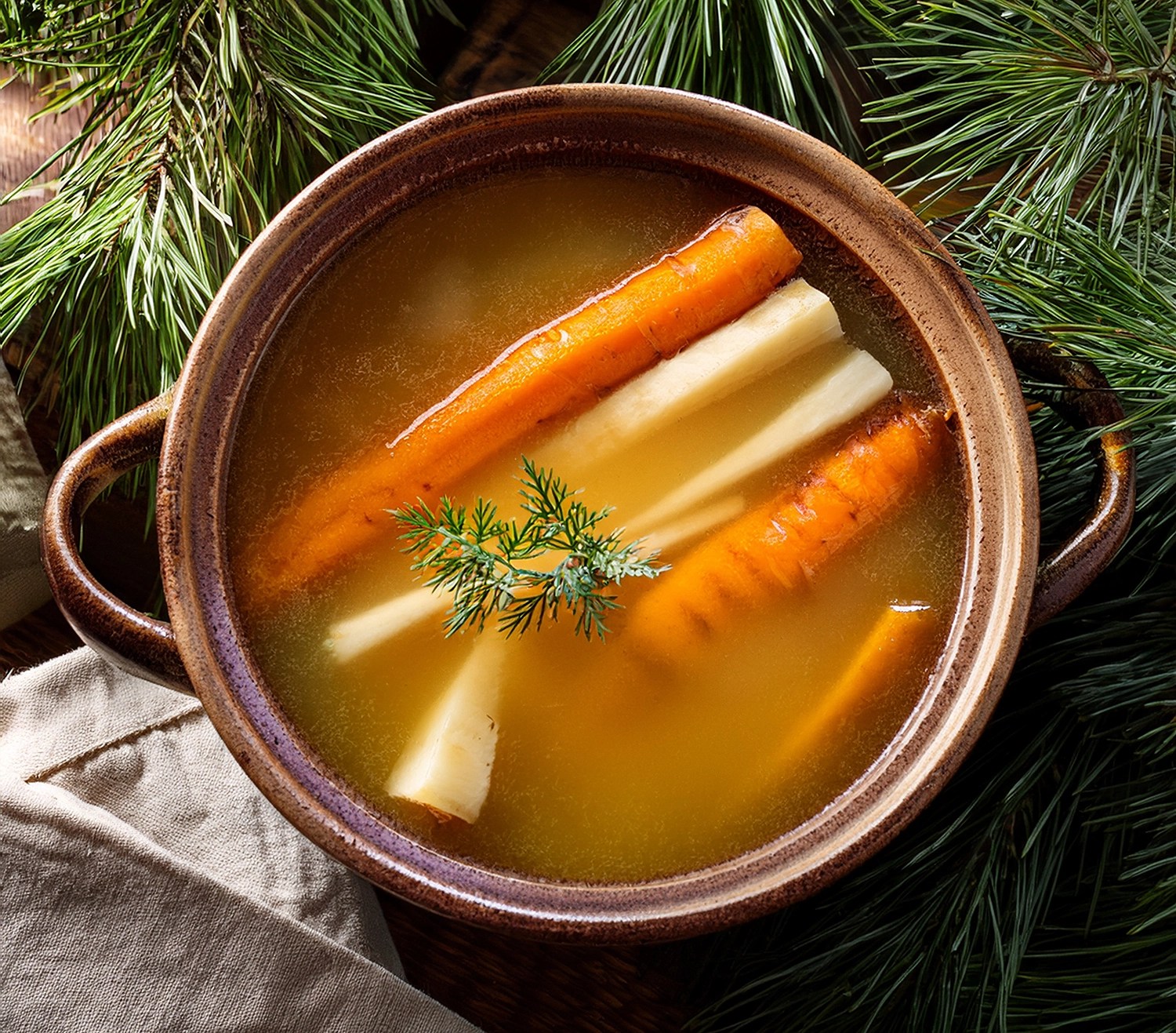Wild Forage Finder Recipe Wild Conifer Broth Soup in a rustic ceramic bowl, pine branches surrounding the bowl