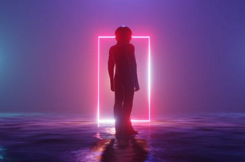 astronaut stands on an alien planet in front of a luminous neon circle